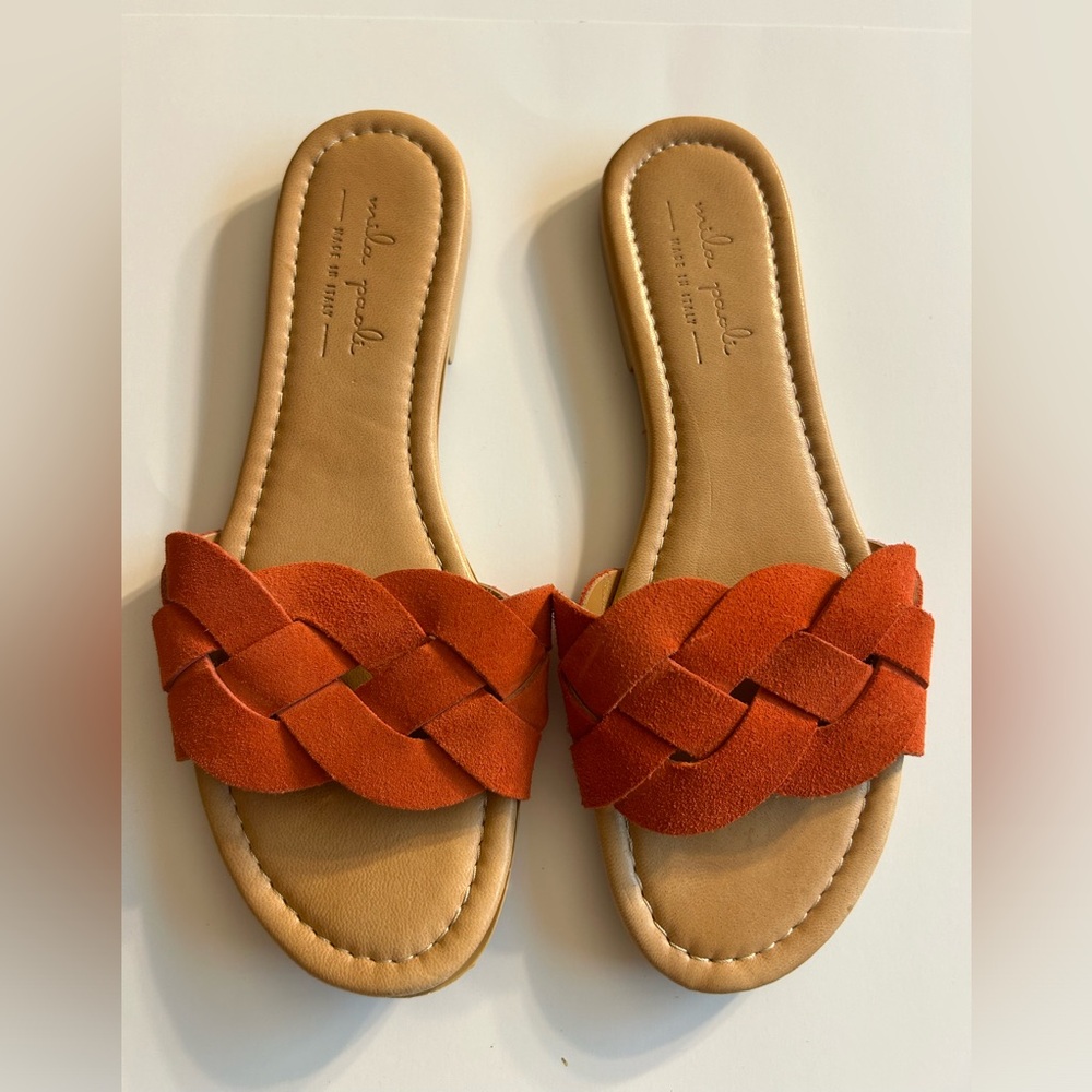 MILA PAOLI BRAIDED SUEDE CORAL ORANGE SLIDE FLATS MADE IN ITALY WOMEN’S SIZE 8.5